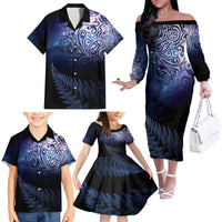 New Zealand Aotearoa Matariki Family Matching Off The Shoulder Long Sleeve Dress and Hawaiian Shirt Starry Silver Fern LT7 - Polynesian Pride