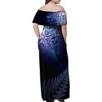 New Zealand Aotearoa Matariki Family Matching Off Shoulder Maxi Dress and Hawaiian Shirt Starry Silver Fern LT7 - Polynesian Pride