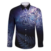 New Zealand Aotearoa Matariki Family Matching Summer Maxi Dress and Hawaiian Shirt Starry Silver Fern LT7 Dad's Shirt - Long Sleeve Galaxy - Polynesian Pride