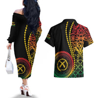 Proudly Ni-Van Sandroing Inspired Classic Style Couples Matching Off The Shoulder Long Sleeve Dress and Hawaiian Shirt