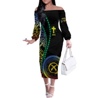 Proudly Ni-Van Sandroing Inspired Family Matching Off The Shoulder Long Sleeve Dress and Hawaiian Shirt Tafea Classic Style LT7 Mom's Dress Colorful - Polynesian Pride