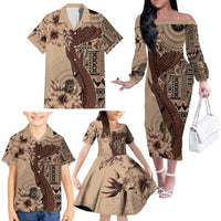 Bula Fiji Family Matching Off The Shoulder Long Sleeve Dress and Hawaiian Shirt Shark Tail Beige Masi Tapa LT7 - Polynesian Pride