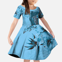 Bula Fiji Family Matching Off The Shoulder Long Sleeve Dress and Hawaiian Shirt Shark Tail Turquoise Masi Tapa LT7 Daughter's Dress Turquoise - Polynesian Pride