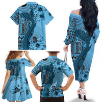 Bula Fiji Family Matching Off The Shoulder Long Sleeve Dress and Hawaiian Shirt Shark Tail Turquoise Masi Tapa LT7 - Polynesian Pride