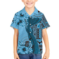Bula Fiji Family Matching Off The Shoulder Long Sleeve Dress and Hawaiian Shirt Shark Tail Turquoise Masi Tapa LT7 Son's Shirt Turquoise - Polynesian Pride