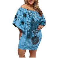 Bula Fiji Family Matching Off Shoulder Short Dress and Hawaiian Shirt Shark Tail Turquoise Masi Tapa LT7 Mom's Dress Turquoise - Polynesian Pride