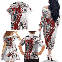 Bula Fiji Family Matching Off The Shoulder Long Sleeve Dress and Hawaiian Shirt Shark Tail White Masi Tapa LT7 - Polynesian Pride