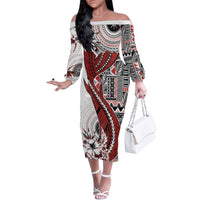 Bula Fiji Family Matching Off The Shoulder Long Sleeve Dress and Hawaiian Shirt Shark Tail White Masi Tapa LT7 Mom's Dress White - Polynesian Pride