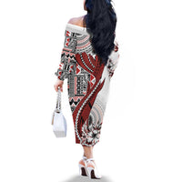 Bula Fiji Family Matching Off The Shoulder Long Sleeve Dress and Hawaiian Shirt Shark Tail White Masi Tapa LT7 - Polynesian Pride