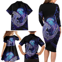 Polynesian Aumakua Family Matching Long Sleeve Bodycon Dress and Hawaiian Shirt Jellyfish with Shark LT7 - Polynesian Pride