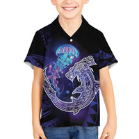 Polynesian Aumakua Family Matching Long Sleeve Bodycon Dress and Hawaiian Shirt Jellyfish with Shark LT7 Son's Shirt Teal Purple - Polynesian Pride
