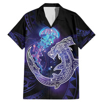 Polynesian Aumakua Family Matching Mermaid Dress and Hawaiian Shirt Jellyfish with Shark LT7 Dad's Shirt - Short Sleeve Teal Purple - Polynesian Pride