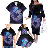 Polynesian Aumakua Family Matching Off The Shoulder Long Sleeve Dress and Hawaiian Shirt Jellyfish with Shark LT7 - Polynesian Pride