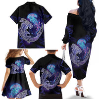 Polynesian Aumakua Family Matching Off The Shoulder Long Sleeve Dress and Hawaiian Shirt Jellyfish with Shark LT7 - Polynesian Pride