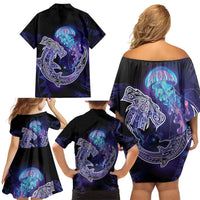 Polynesian Aumakua Family Matching Off Shoulder Short Dress and Hawaiian Shirt Jellyfish with Shark LT7 - Polynesian Pride