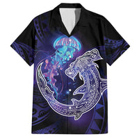 Polynesian Aumakua Family Matching Off Shoulder Short Dress and Hawaiian Shirt Jellyfish with Shark LT7 Dad's Shirt - Short Sleeve Teal Purple - Polynesian Pride