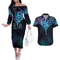 Aotearoa Maori Te Whai Rahi Couples Matching Off The Shoulder Long Sleeve Dress and Hawaiian Shirt Tala - Nowhere You Could Go That I Won't Be With You LT7 Teal Purple - Polynesian Pride