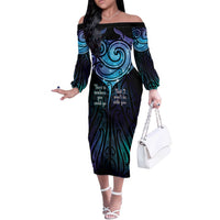 Aotearoa Maori Te Whai Rahi Off The Shoulder Long Sleeve Dress Tala - Nowhere You Could Go That I Won't Be With You LT7 Women Teal Purple - Polynesian Pride