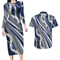 Polynesian Puakeniken Pikake Twisted Lei Couples Matching Long Sleeve Bodycon Dress and Hawaiian Shirt Navy Blue - Polynesian Pride