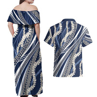 Polynesian Puakeniken Pikake Twisted Lei Couples Matching Off Shoulder Maxi Dress and Hawaiian Shirt Navy Blue - Polynesian Pride