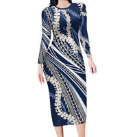 Polynesian Puakeniken Pikake Twisted Lei Family Matching Long Sleeve Bodycon Dress and Hawaiian Shirt Navy Blue LT7 Mom's Dress Navy Blue - Polynesian Pride