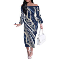 Polynesian Puakeniken Pikake Twisted Lei Family Matching Off The Shoulder Long Sleeve Dress and Hawaiian Shirt Navy Blue LT7 Mom's Dress Navy Blue - Polynesian Pride