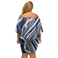 Polynesian Puakeniken Pikake Twisted Lei Family Matching Off Shoulder Short Dress and Hawaiian Shirt Navy Blue LT7 - Polynesian Pride