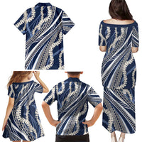 Polynesian Puakeniken Pikake Twisted Lei Family Matching Puletasi and Hawaiian Shirt Navy Blue - Polynesian Pride