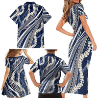Polynesian Puakeniken Pikake Twisted Lei Family Matching Short Sleeve Bodycon Dress and Hawaiian Shirt Navy Blue LT7 - Polynesian Pride