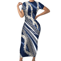 Polynesian Puakeniken Pikake Twisted Lei Family Matching Short Sleeve Bodycon Dress and Hawaiian Shirt Navy Blue LT7 Mom's Dress Navy Blue - Polynesian Pride