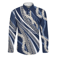 Polynesian Puakeniken Pikake Twisted Lei Family Matching Summer Maxi Dress and Hawaiian Shirt Navy Blue LT7 Dad's Shirt - Long Sleeve Navy Blue - Polynesian Pride