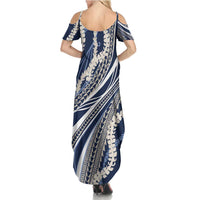 Polynesian Puakeniken Pikake Twisted Lei Family Matching Summer Maxi Dress and Hawaiian Shirt Navy Blue LT7 - Polynesian Pride