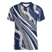 Polynesian Puakeniken Pikake Twisted Lei Women V-Neck T-Shirt Navy Blue - Polynesian Pride