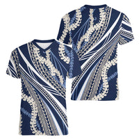 Polynesian Puakeniken Pikake Twisted Lei Women V-Neck T-Shirt Navy Blue - Polynesian Pride