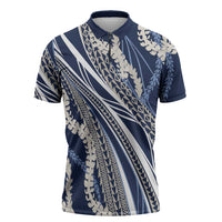 Polynesian Puakeniken Pikake Twisted Lei Zipper Polo Shirt Navy Blue - Polynesian Pride