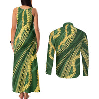 Polynesian Puakeniken Pikake Twisted Lei Couples Matching Tank Maxi Dress and Long Sleeve Button Shirt Emerald - Polynesian Pride