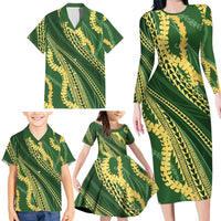 Polynesian Puakeniken Pikake Twisted Lei Family Matching Long Sleeve Bodycon Dress and Hawaiian Shirt Emerald LT7 - Polynesian Pride