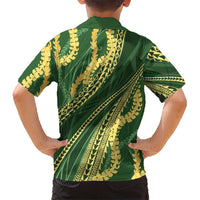 Polynesian Puakeniken Pikake Twisted Lei Family Matching Off The Shoulder Long Sleeve Dress and Hawaiian Shirt Emerald LT7 - Polynesian Pride