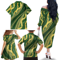 Polynesian Puakeniken Pikake Twisted Lei Family Matching Off The Shoulder Long Sleeve Dress and Hawaiian Shirt Emerald LT7 - Polynesian Pride
