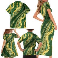 Polynesian Puakeniken Pikake Twisted Lei Family Matching Short Sleeve Bodycon Dress and Hawaiian Shirt Emerald LT7 - Polynesian Pride