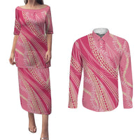Polynesian Puakeniken Pikake Twisted Lei Couples Matching Puletasi and Long Sleeve Button Shirt Rose Pink - Polynesian Pride
