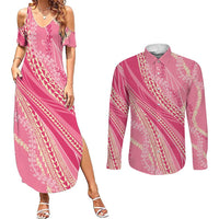 Polynesian Puakeniken Pikake Twisted Lei Couples Matching Summer Maxi Dress and Long Sleeve Button Shirt Rose Pink - Polynesian Pride