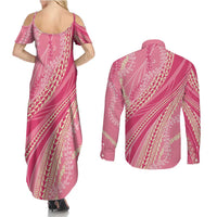 Polynesian Puakeniken Pikake Twisted Lei Couples Matching Summer Maxi Dress and Long Sleeve Button Shirt Rose Pink - Polynesian Pride