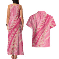 Polynesian Puakeniken Pikake Twisted Lei Couples Matching Tank Maxi Dress and Hawaiian Shirt Rose Pink - Polynesian Pride