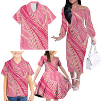Polynesian Puakeniken Pikake Twisted Lei Family Matching Off The Shoulder Long Sleeve Dress and Hawaiian Shirt Rose Pink LT7 - Polynesian Pride