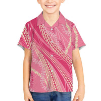 Polynesian Puakeniken Pikake Twisted Lei Family Matching Off The Shoulder Long Sleeve Dress and Hawaiian Shirt Rose Pink LT7 Son's Shirt Rose Pink - Polynesian Pride
