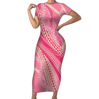Polynesian Puakeniken Pikake Twisted Lei Family Matching Short Sleeve Bodycon Dress and Hawaiian Shirt Rose Pink LT7 Mom's Dress Rose Pink - Polynesian Pride