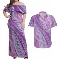 Polynesian Puakeniken Pikake Twisted Lei Couples Matching Off Shoulder Maxi Dress and Hawaiian Shirt Amethys - Polynesian Pride