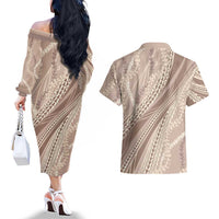 Polynesian Puakeniken Pikake Twisted Lei Couples Matching Off The Shoulder Long Sleeve Dress and Hawaiian Shirt Beige LT7 - Polynesian Pride