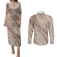 Polynesian Puakeniken Pikake Twisted Lei Couples Matching Puletasi and Long Sleeve Button Shirt Beige - Polynesian Pride